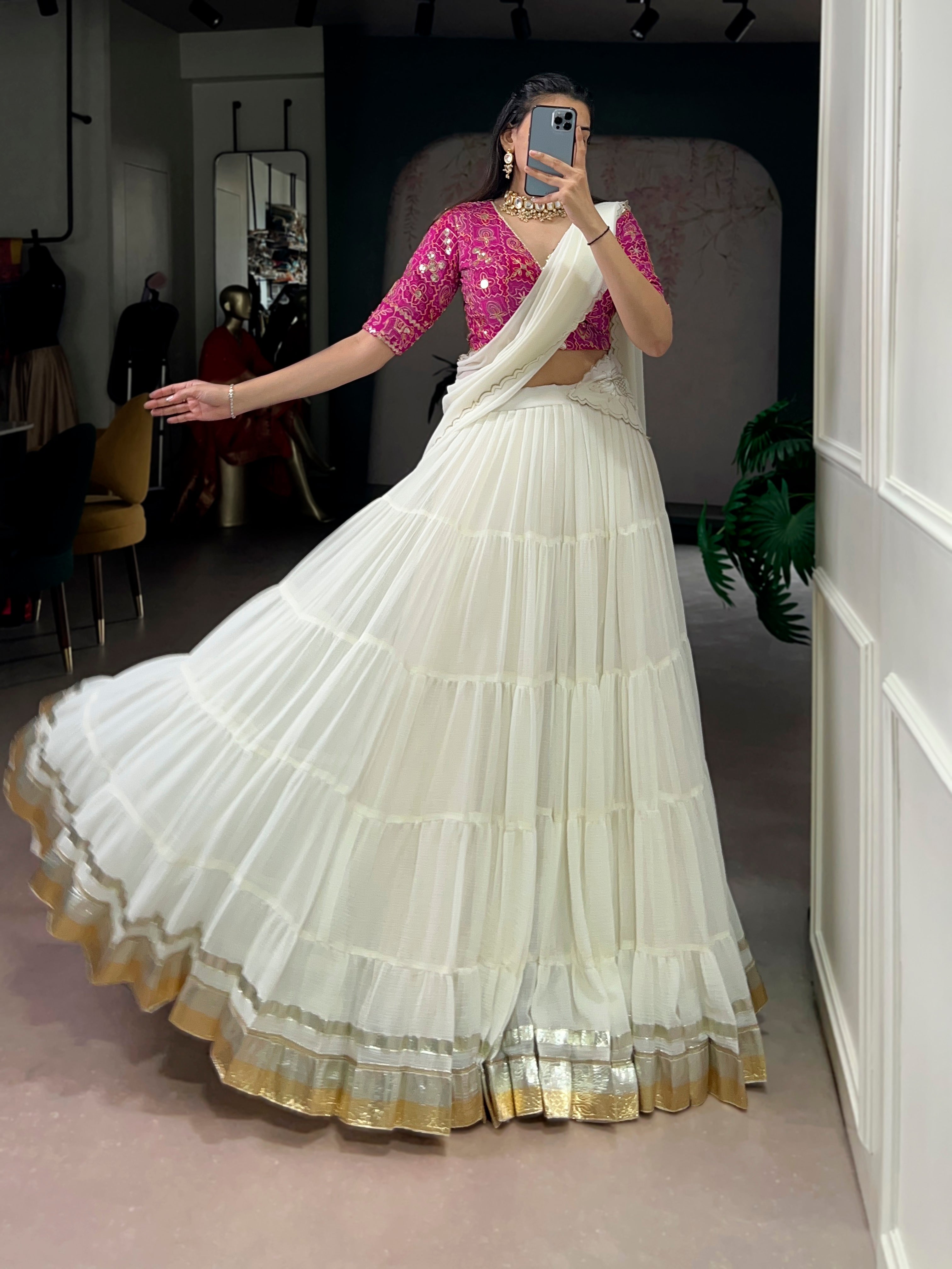 Lorenvalley Fashion White Marbel Fabric with Embossed Design Lace With Gota Patti Touch Up Lehenga Choli with Dupatta