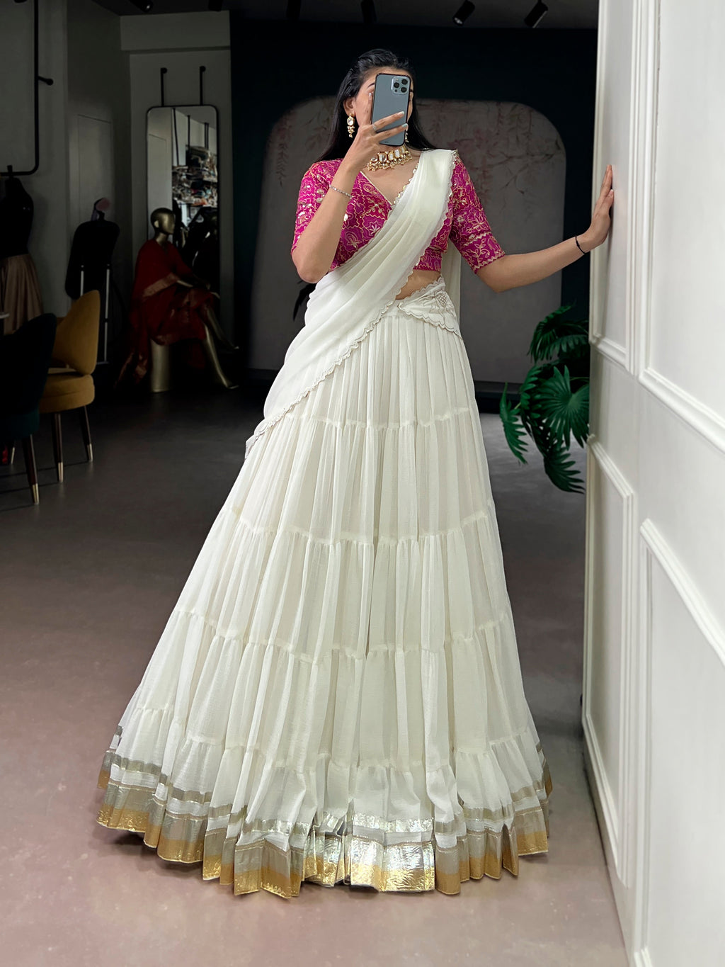 Lorenvalley Fashion White Marbel Fabric with Embossed Design Lace With Gota Patti Touch Up Lehenga Choli with Dupatta