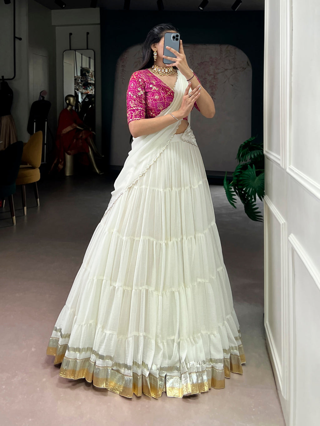 Lorenvalley Fashion White Marbel Fabric with Embossed Design Lace With Gota Patti Touch Up Lehenga Choli with Dupatta