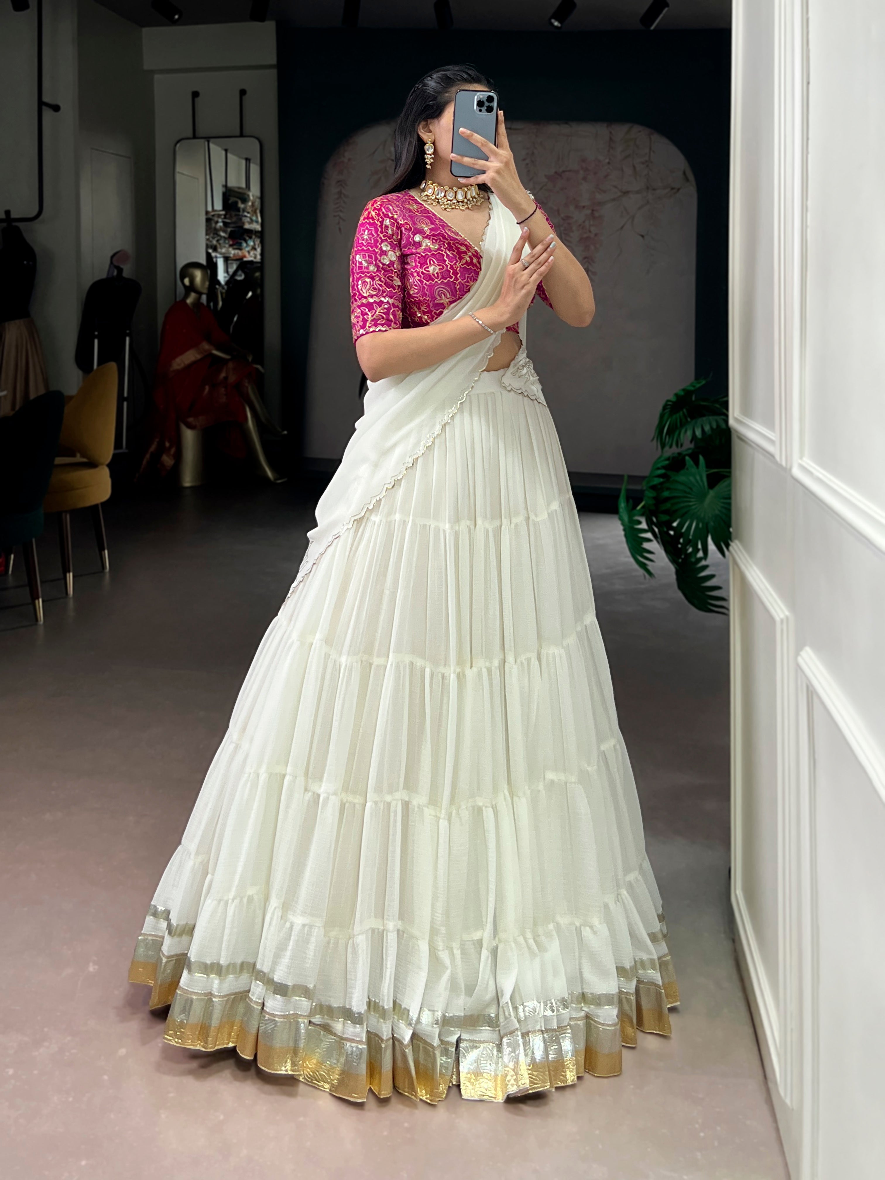 Lorenvalley Fashion White Marbel Fabric with Embossed Design Lace With Gota Patti Touch Up Lehenga Choli with Dupatta