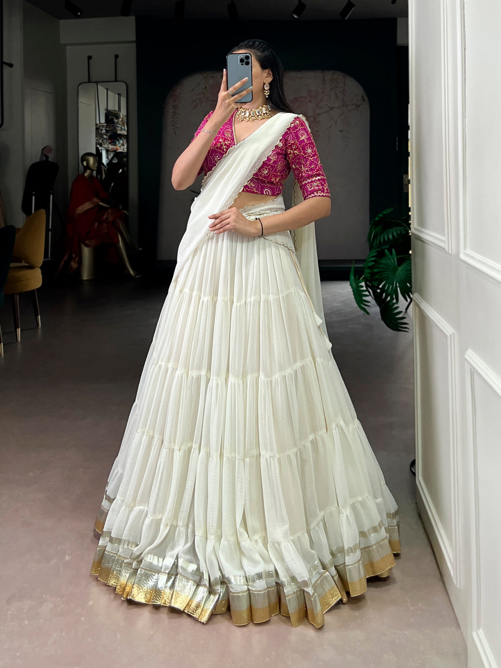 Lorenvalley Fashion White Marbel Fabric with Embossed Design Lace With Gota Patti Touch Up Lehenga Choli with Dupatta