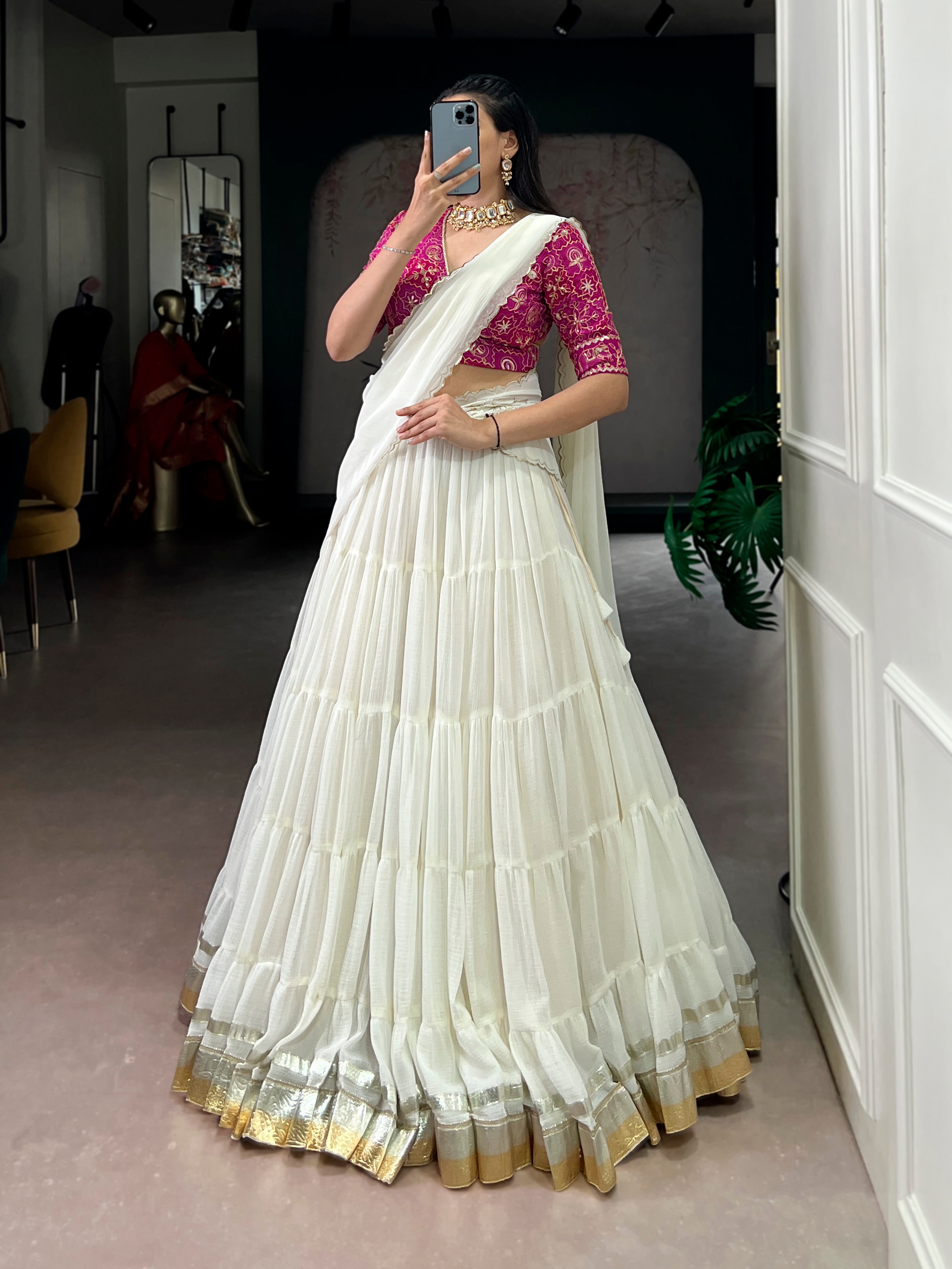 Lorenvalley Fashion White Marbel Fabric with Embossed Design Lace With Gota Patti Touch Up Lehenga Choli with Dupatta