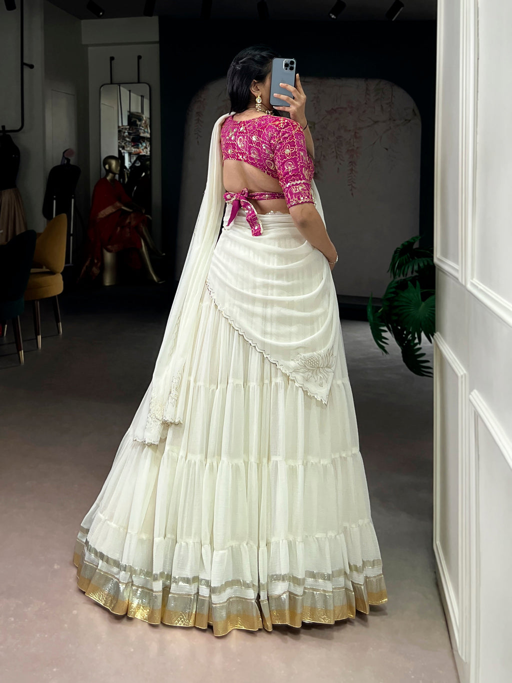 Lorenvalley Fashion White Marbel Fabric with Embossed Design Lace With Gota Patti Touch Up Lehenga Choli with Dupatta