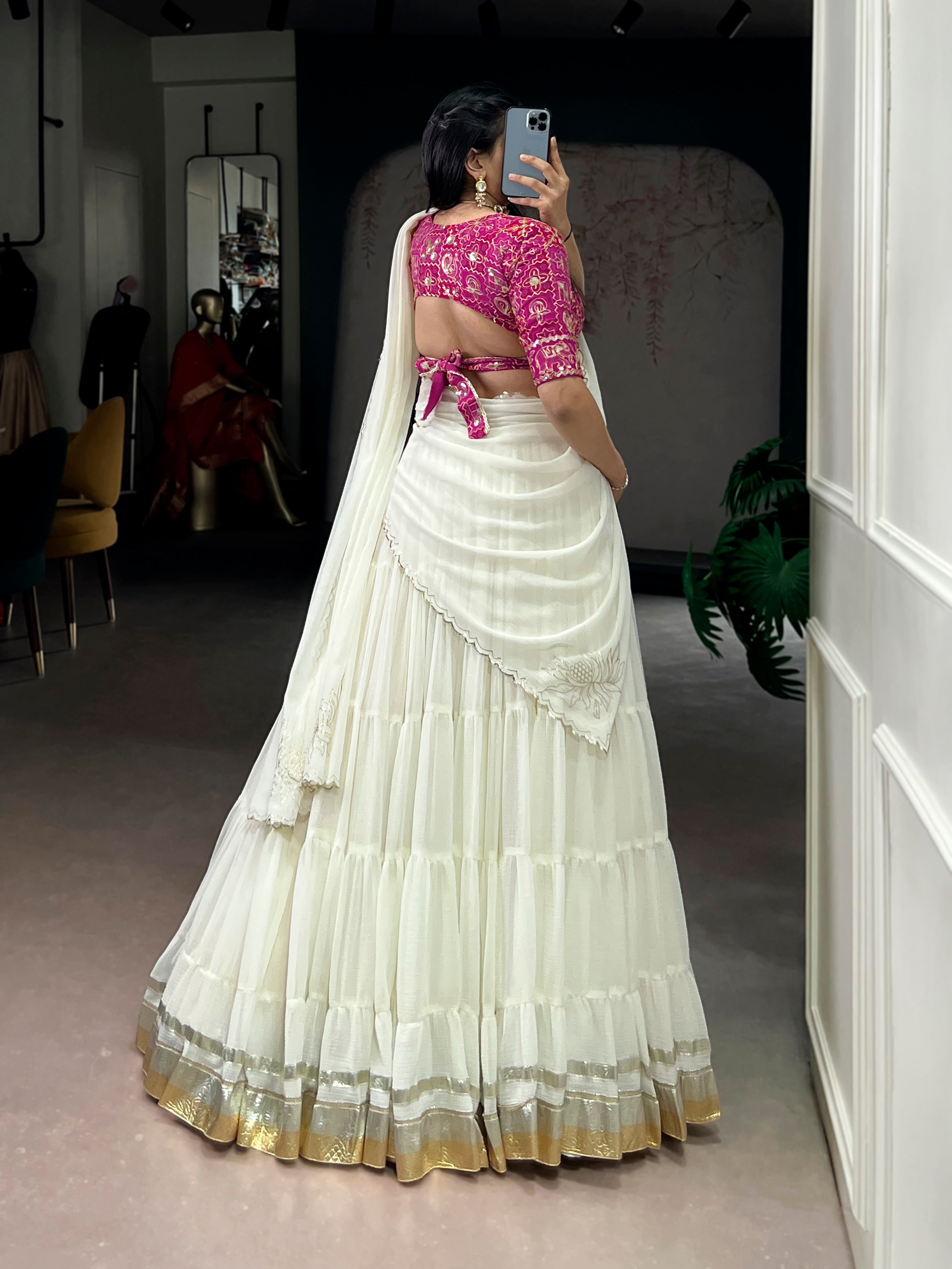 Lorenvalley Fashion White Marbel Fabric with Embossed Design Lace With Gota Patti Touch Up Lehenga Choli with Dupatta