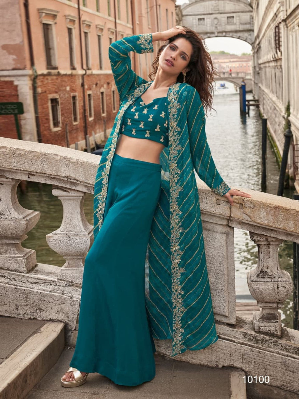Anaita Emerald Chinon Silk Stitched Shrug Suit With Embroidery Sequence Work
