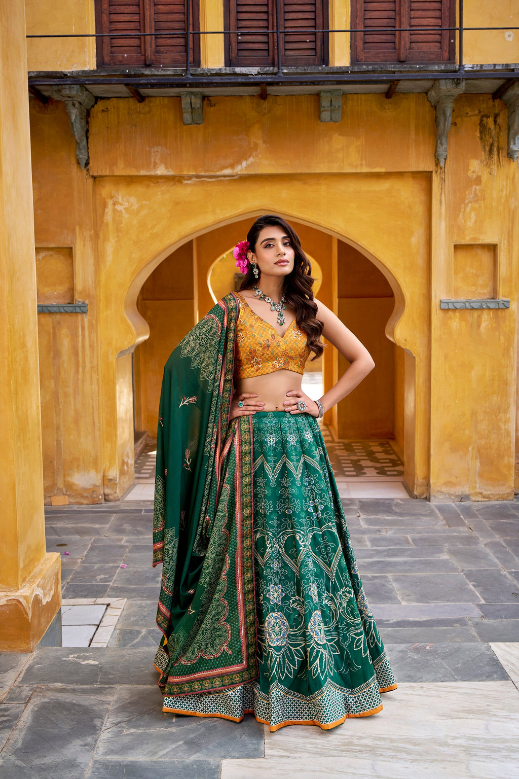 Lorenvalley Fashion Green Vaishali silk Printed with Beads Work and Gota Patti Lace Lehenga Choli with Dupatta