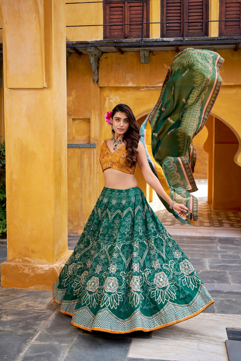 Lorenvalley Fashion Green Vaishali silk Printed with Beads Work and Gota Patti Lace Lehenga Choli with Dupatta