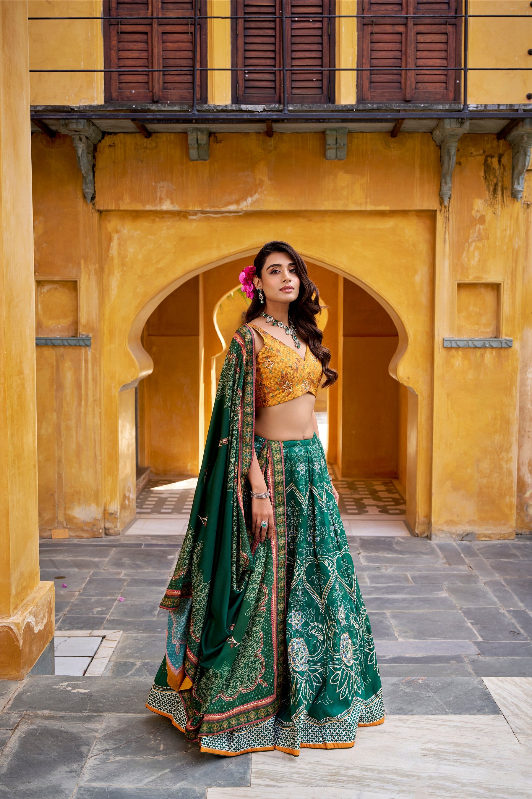 Lorenvalley Fashion Green Vaishali silk Printed with Beads Work and Gota Patti Lace Lehenga Choli with Dupatta