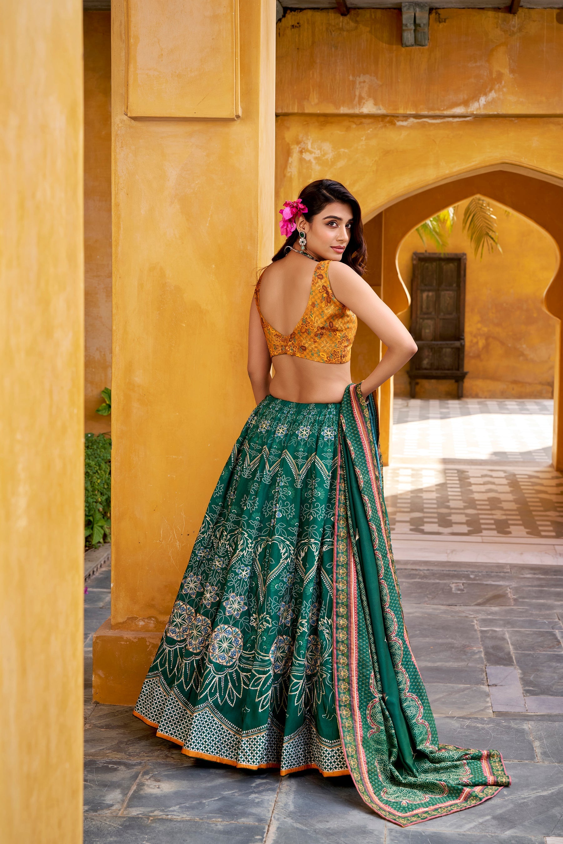 Lorenvalley Fashion Green Vaishali silk Printed with Beads Work and Gota Patti Lace Lehenga Choli with Dupatta