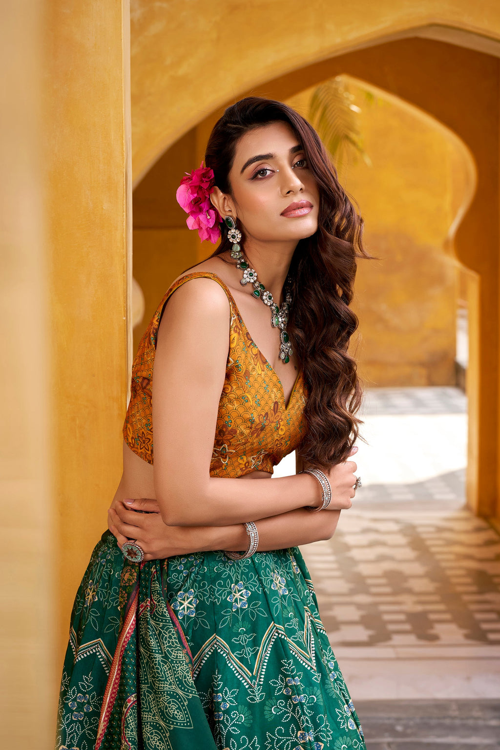 Lorenvalley Fashion Green Vaishali silk Printed with Beads Work and Gota Patti Lace Lehenga Choli with Dupatta