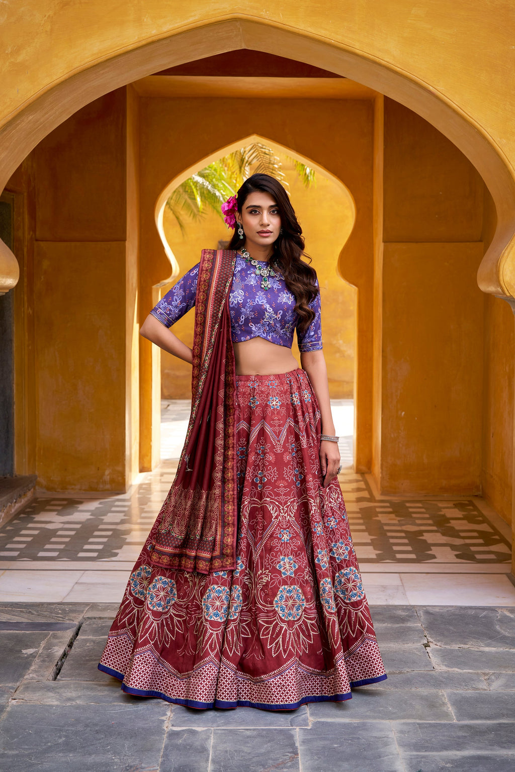 Lorenvalley Fashion Maroon Vaishali silk Printed with Beads Work and Gota Patti Lace Lehenga Choli with Dupatta
