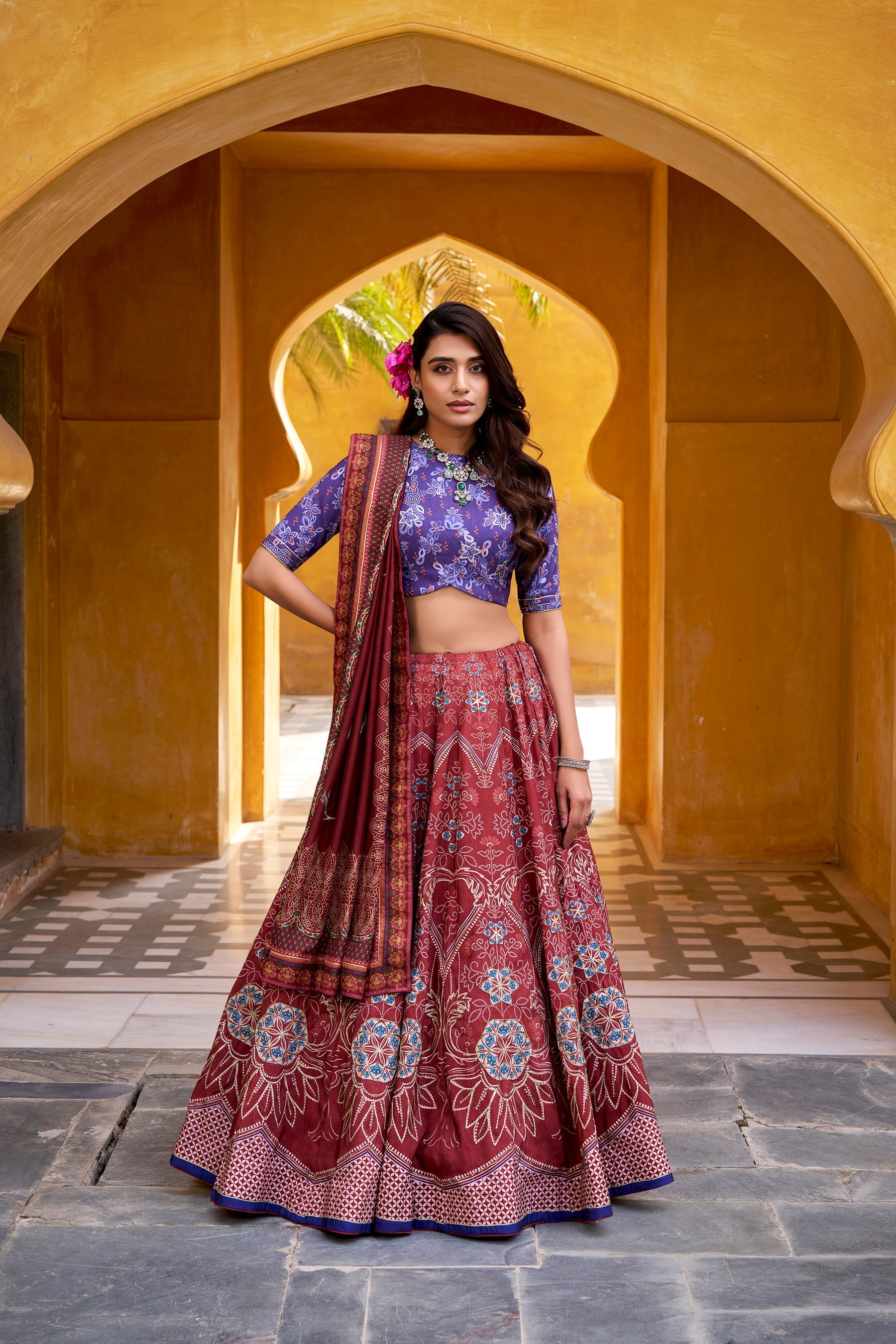 Lorenvalley Fashion Maroon Vaishali silk Printed with Beads Work and Gota Patti Lace Lehenga Choli with Dupatta