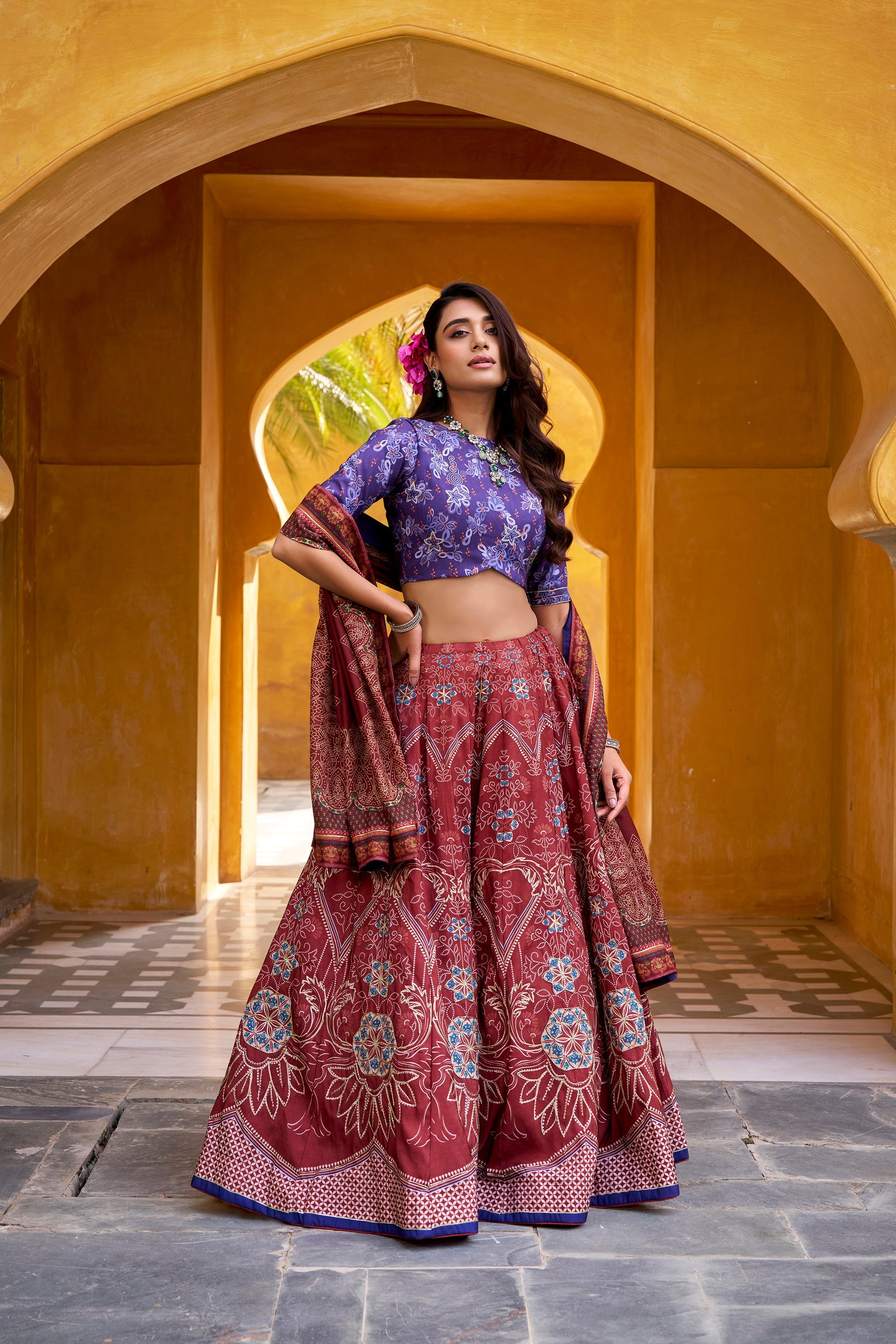 Lorenvalley Fashion Maroon Vaishali silk Printed with Beads Work and Gota Patti Lace Lehenga Choli with Dupatta