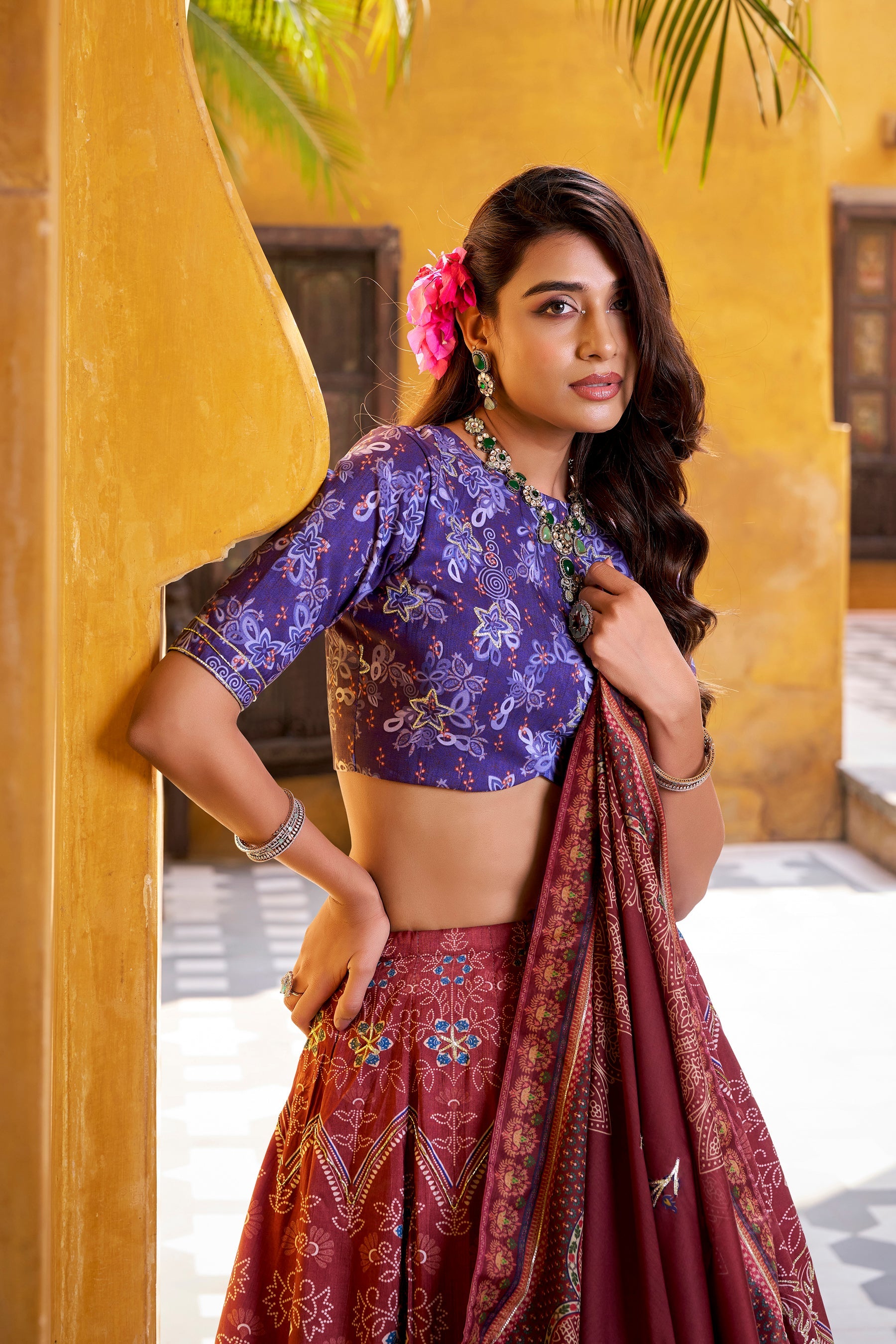 Lorenvalley Fashion Maroon Vaishali silk Printed with Beads Work and Gota Patti Lace Lehenga Choli with Dupatta