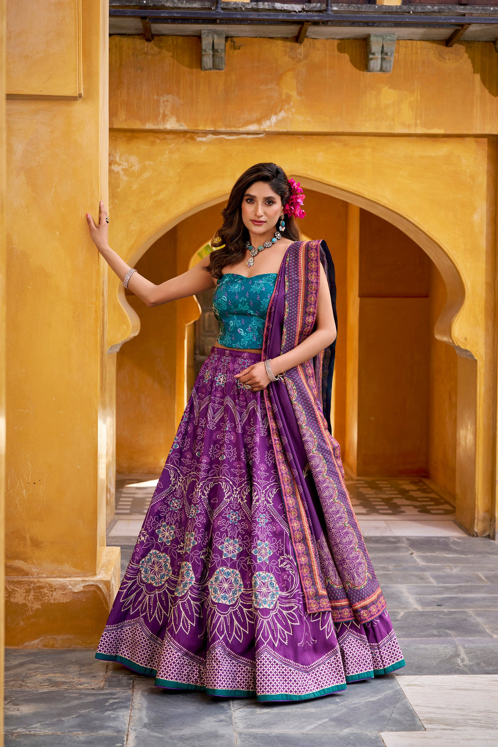 Lorenvalley Fashion Purple Vaishali silk Printed with Beads Work and Gota Patti Lace Lehenga Choli with Dupatta