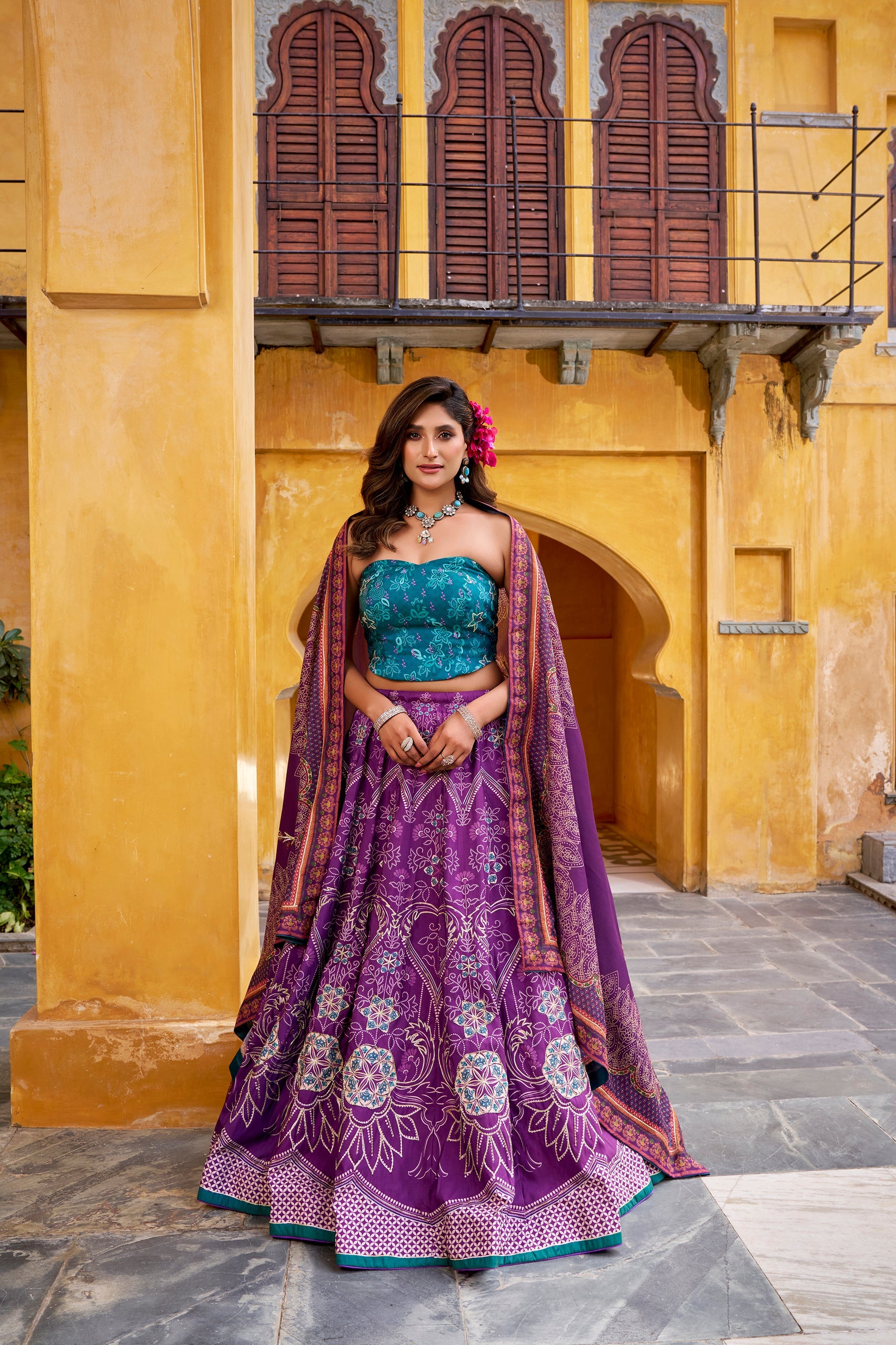 Lorenvalley Fashion Purple Vaishali silk Printed with Beads Work and Gota Patti Lace Lehenga Choli with Dupatta