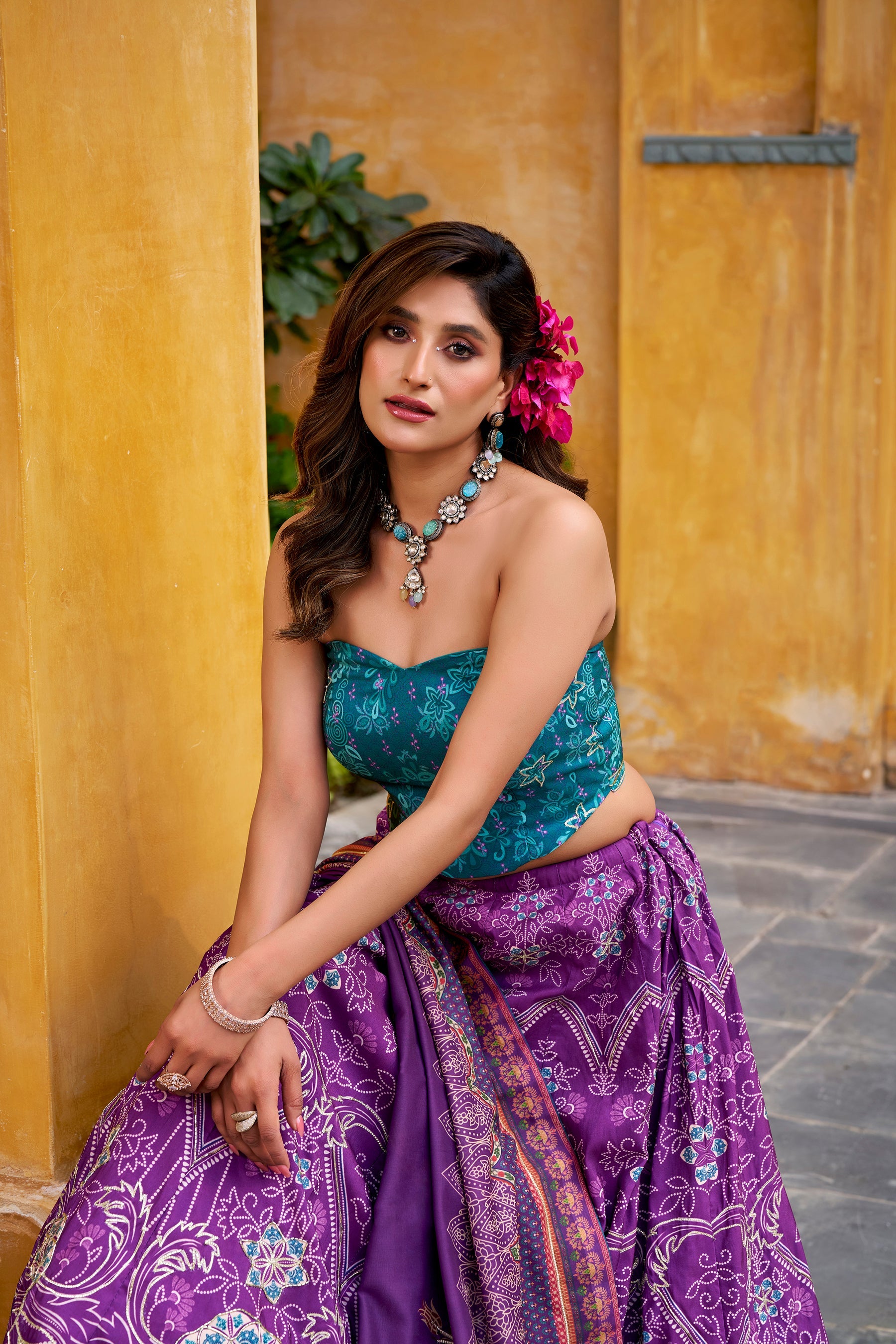 Lorenvalley Fashion Purple Vaishali silk Printed with Beads Work and Gota Patti Lace Lehenga Choli with Dupatta
