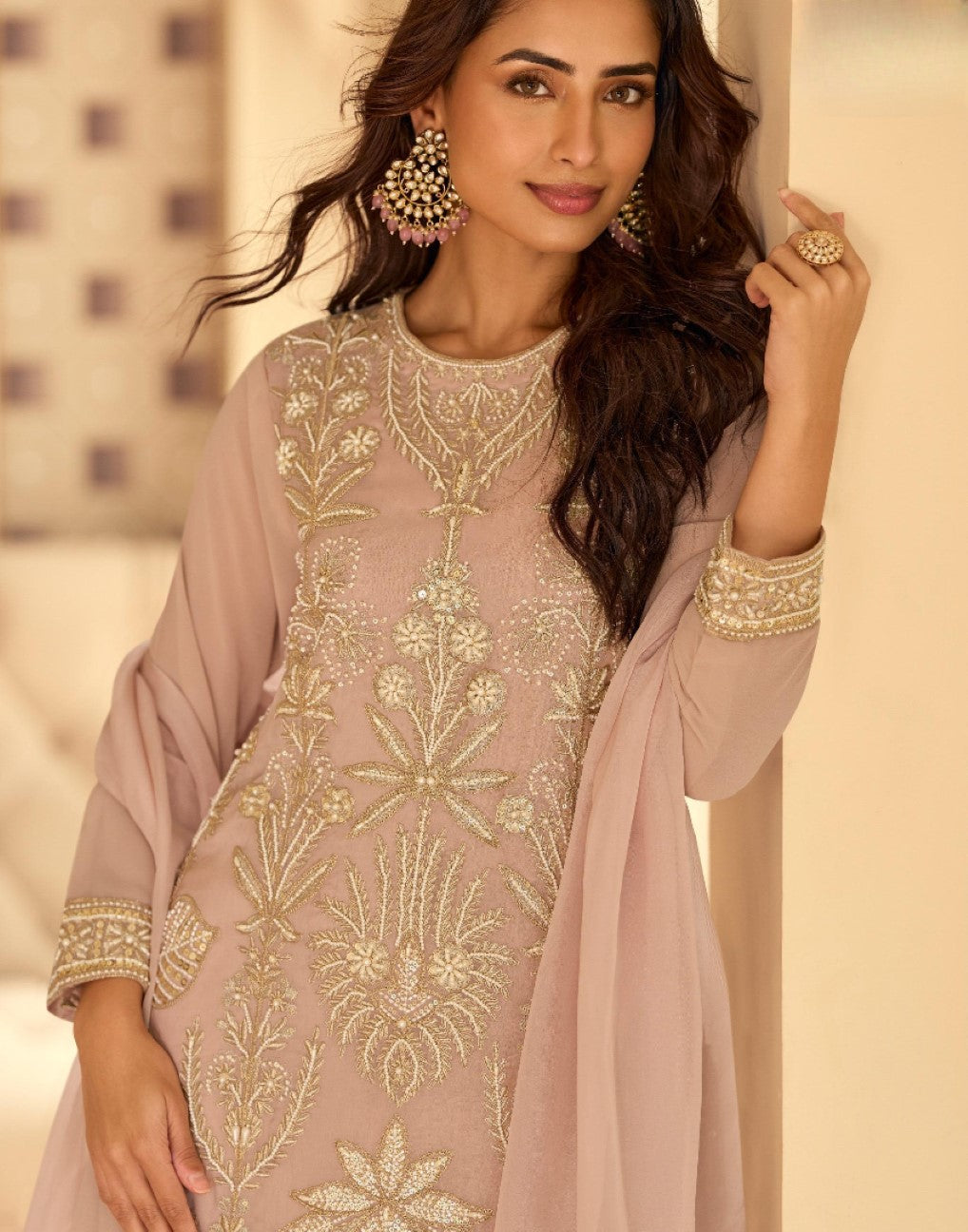 Anaita Peach Georgette Stitched Suit With Embroidery & Beads Work