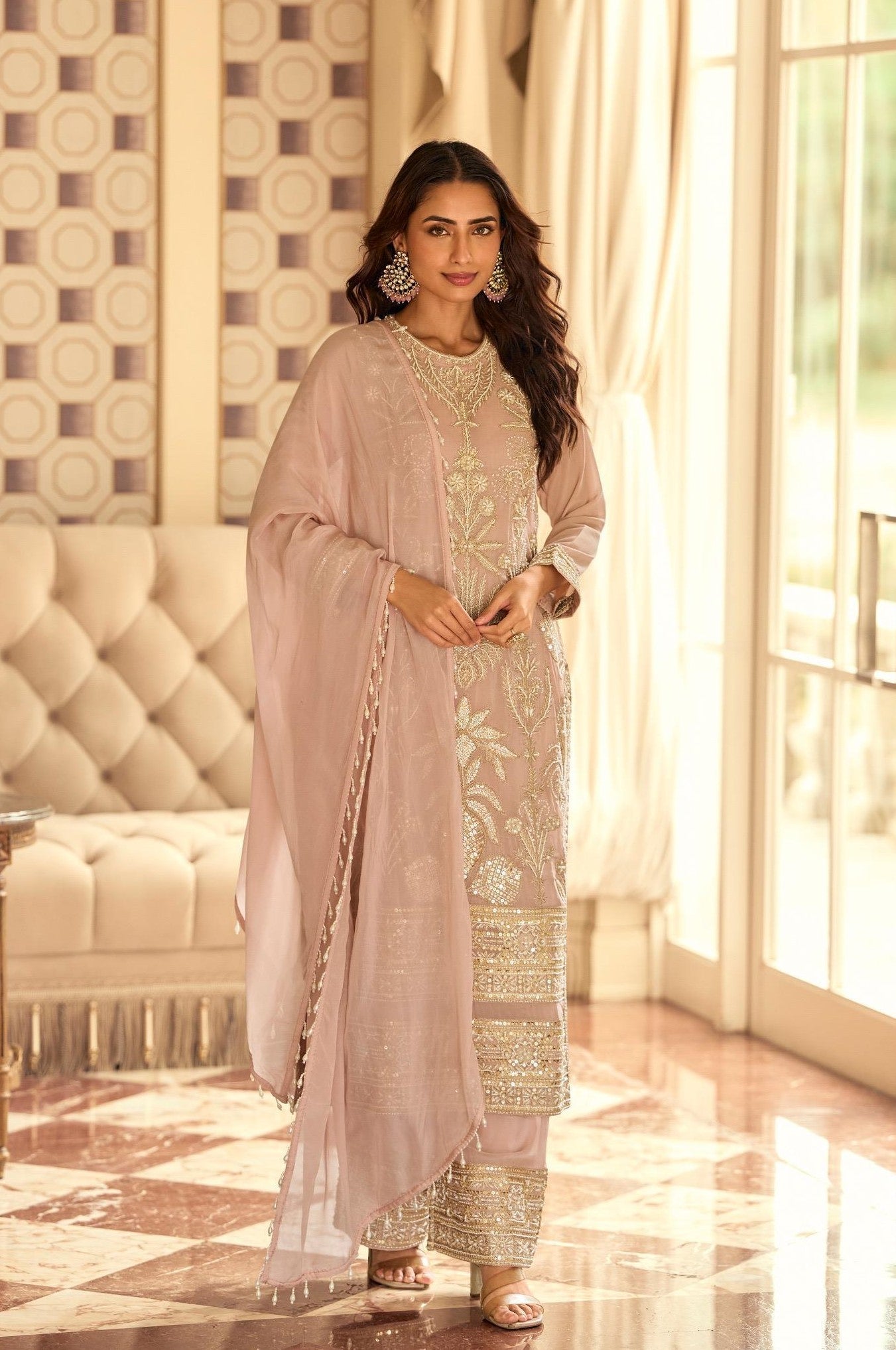 Anaita Peach Georgette Stitched Suit With Embroidery & Beads Work