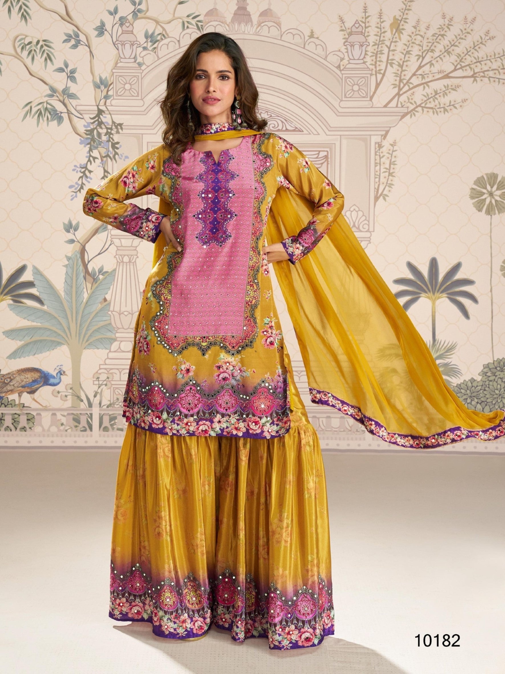 Anaita Yellow Crepe Stitched Sharara Suit With Hand Mirror Work