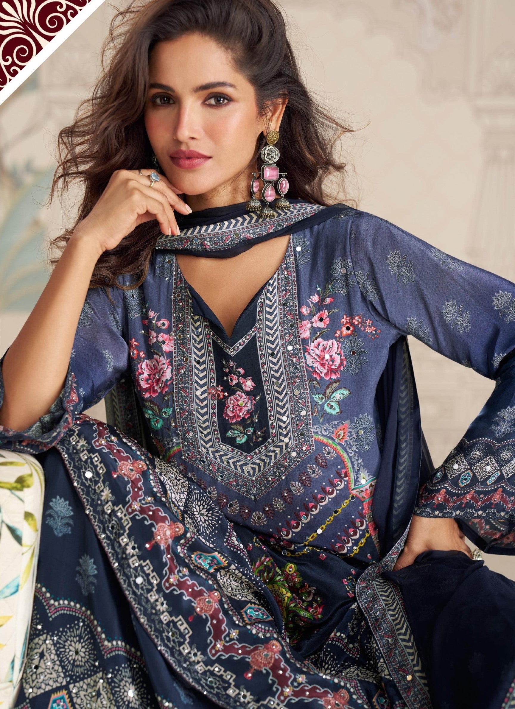Anaita Navy Blue Crepe Stitched Sharara Suit With Hand Mirror Work