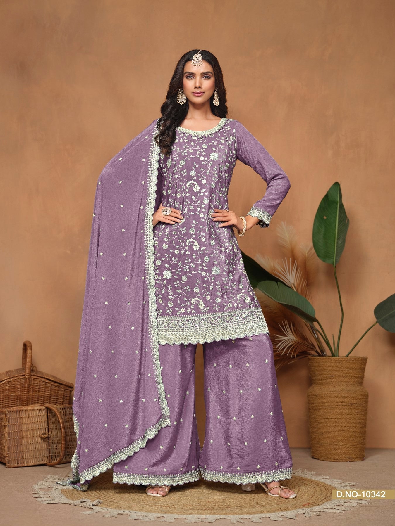 Anaita Lavender Embroidered Chinon Silk Palazzo Suit