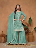 Anaita Aqua Blue Embroidered Chinon Silk Palazzo Suit