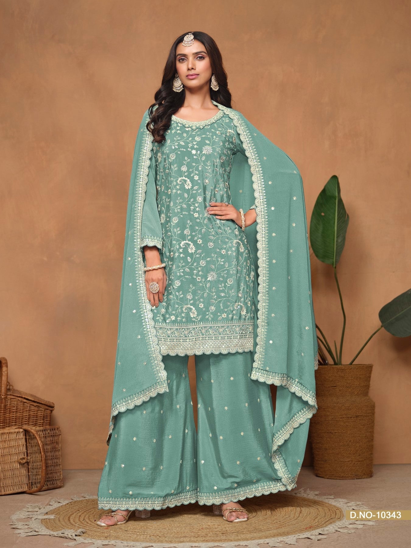 Anaita Aqua Blue Embroidered Chinon Silk Palazzo Suit