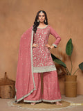 Anaita Peach Embroidered Chinon Silk Palazzo Suit