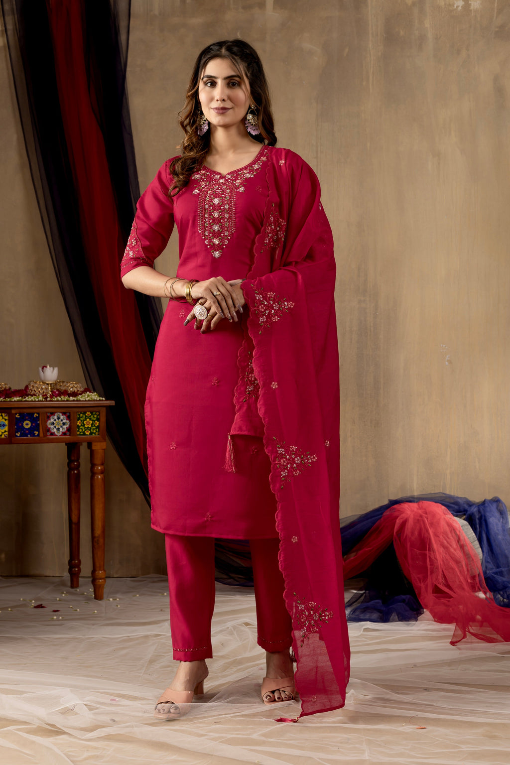 Vedant Vastram Roman Silk Embroidery & Sequence Work Stitched Kurta Pant Dupatta Set-Rani Pink