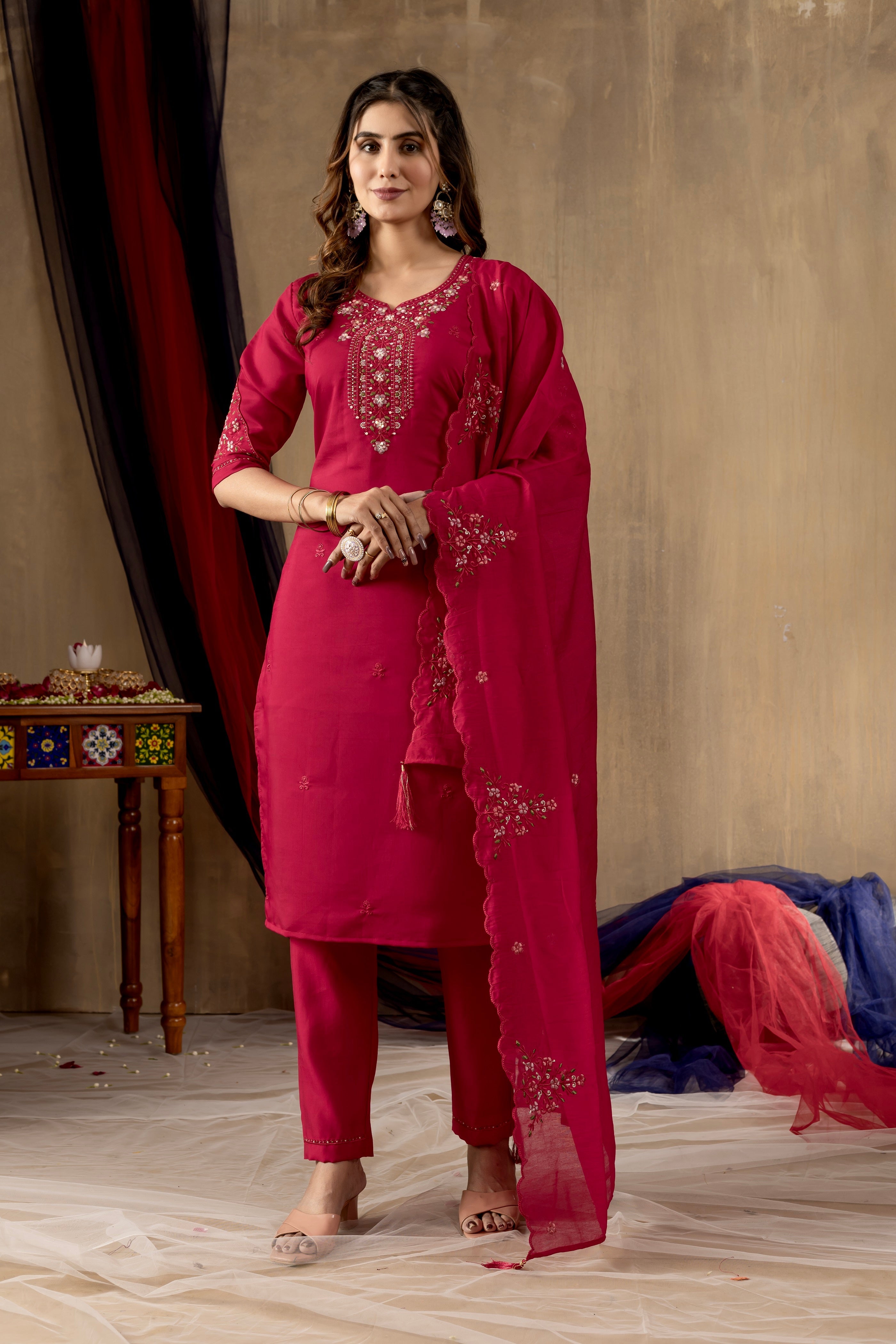 Vedant Vastram Roman Silk Embroidery & Sequence Work Stitched Kurta Pant Dupatta Set-Rani Pink