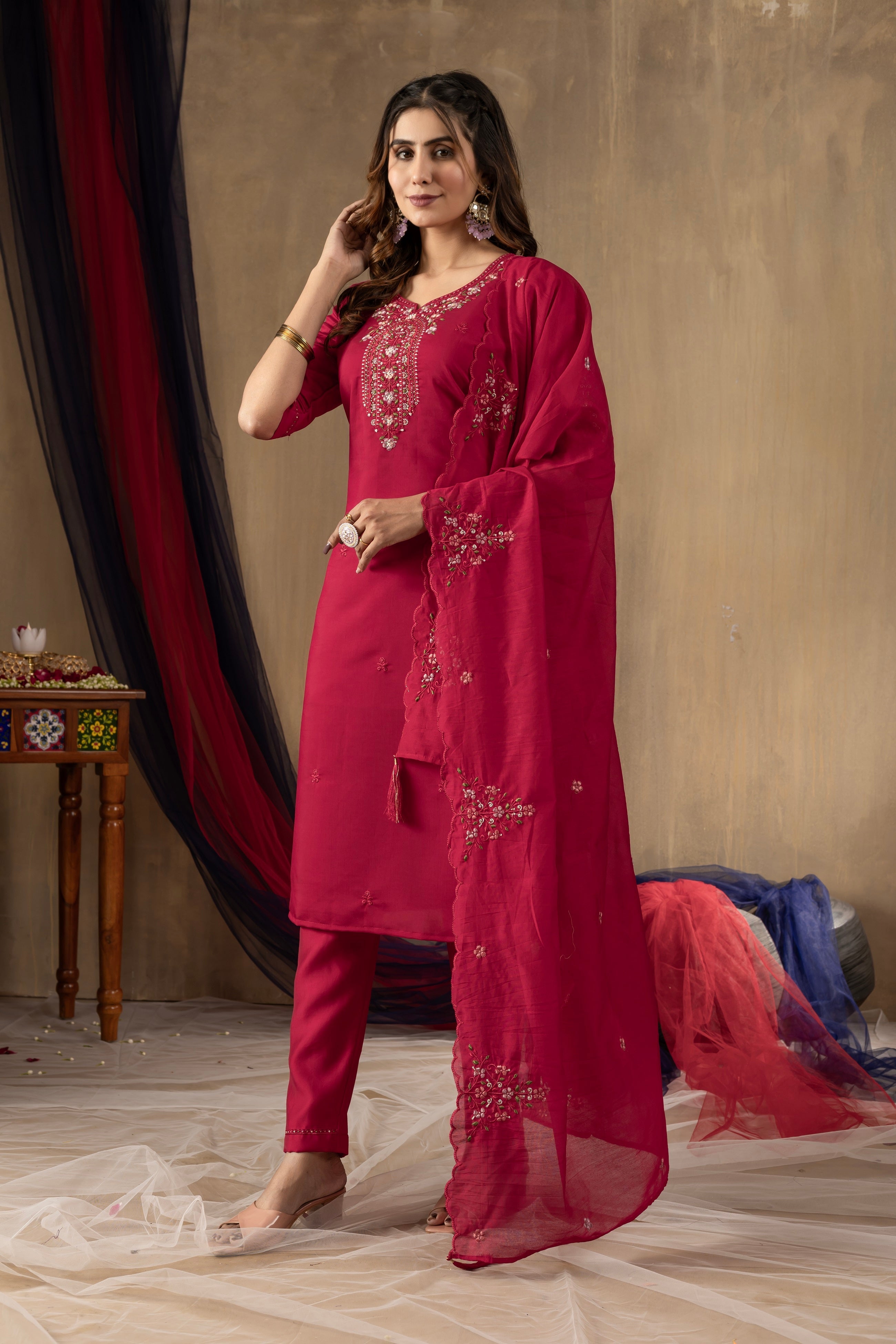 Vedant Vastram Roman Silk Embroidery & Sequence Work Stitched Kurta Pant Dupatta Set-Rani Pink