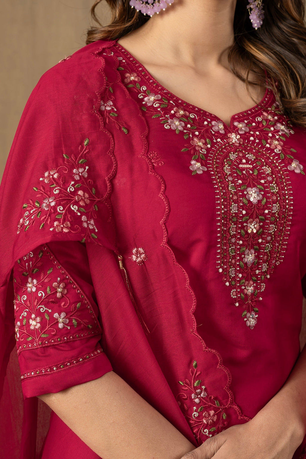 Vedant Vastram Roman Silk Embroidery & Sequence Work Stitched Kurta Pant Dupatta Set-Rani Pink