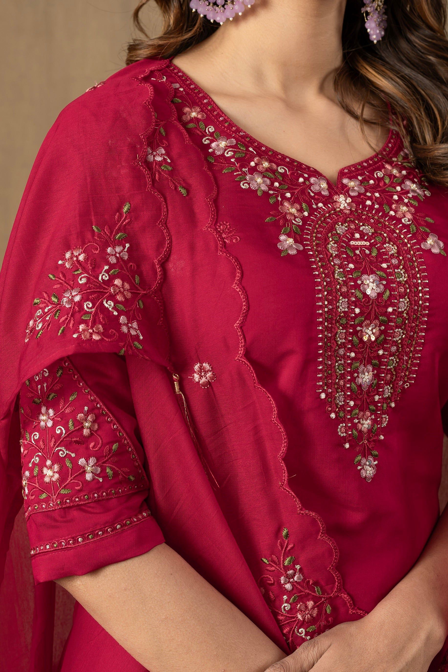 Vedant Vastram Roman Silk Embroidery & Sequence Work Stitched Kurta Pant Dupatta Set-Rani Pink