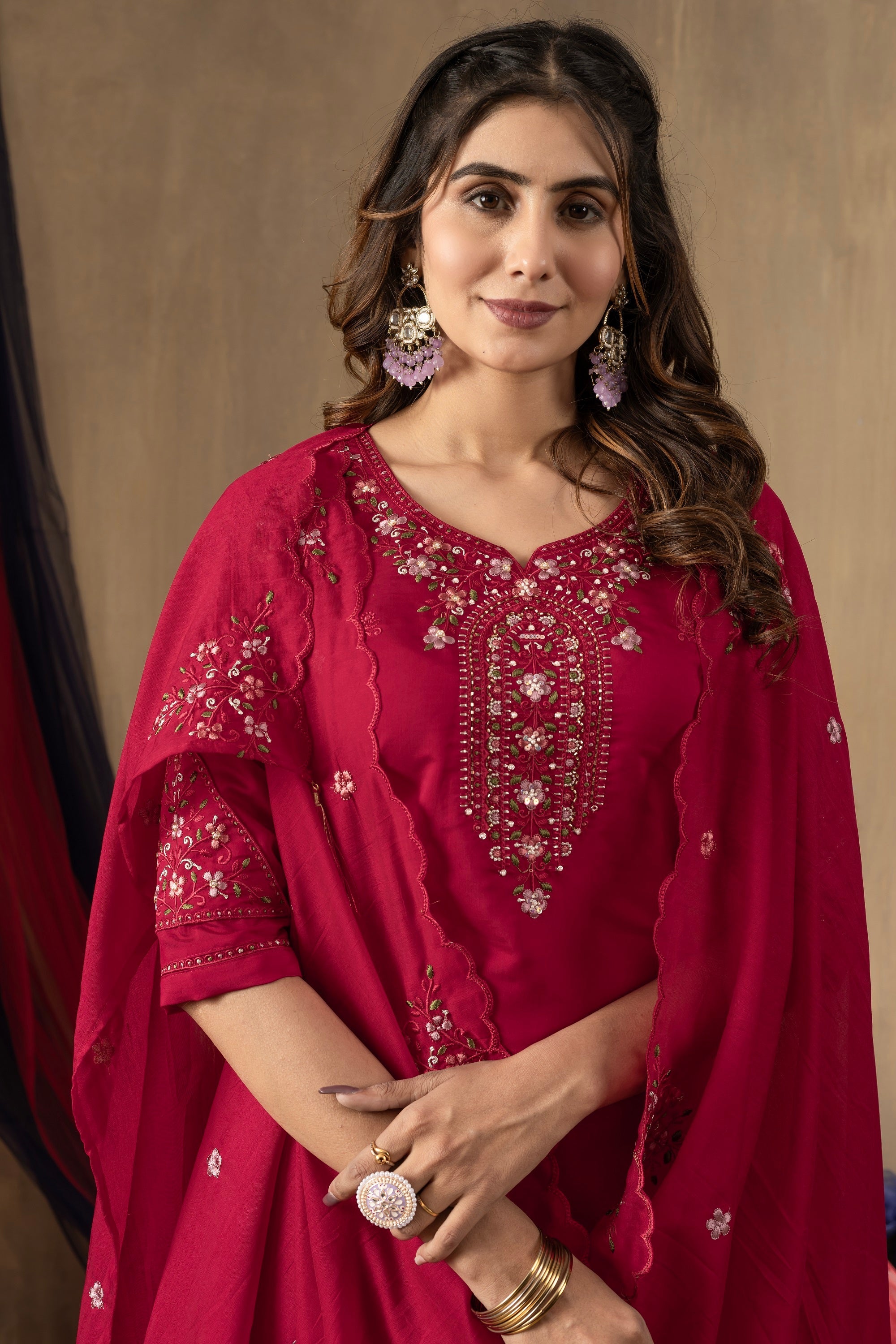 Vedant Vastram Roman Silk Embroidery & Sequence Work Stitched Kurta Pant Dupatta Set-Rani Pink