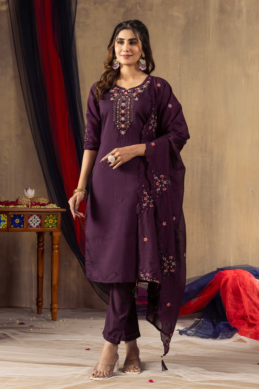 Vedant Vastram Roman Silk Embroidery & Sequence Work Stitched Kurta Pant Dupatta Set-Wine