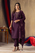 Vedant Vastram Roman Silk Embroidery & Sequence Work Stitched Kurta Pant Dupatta Set-Wine