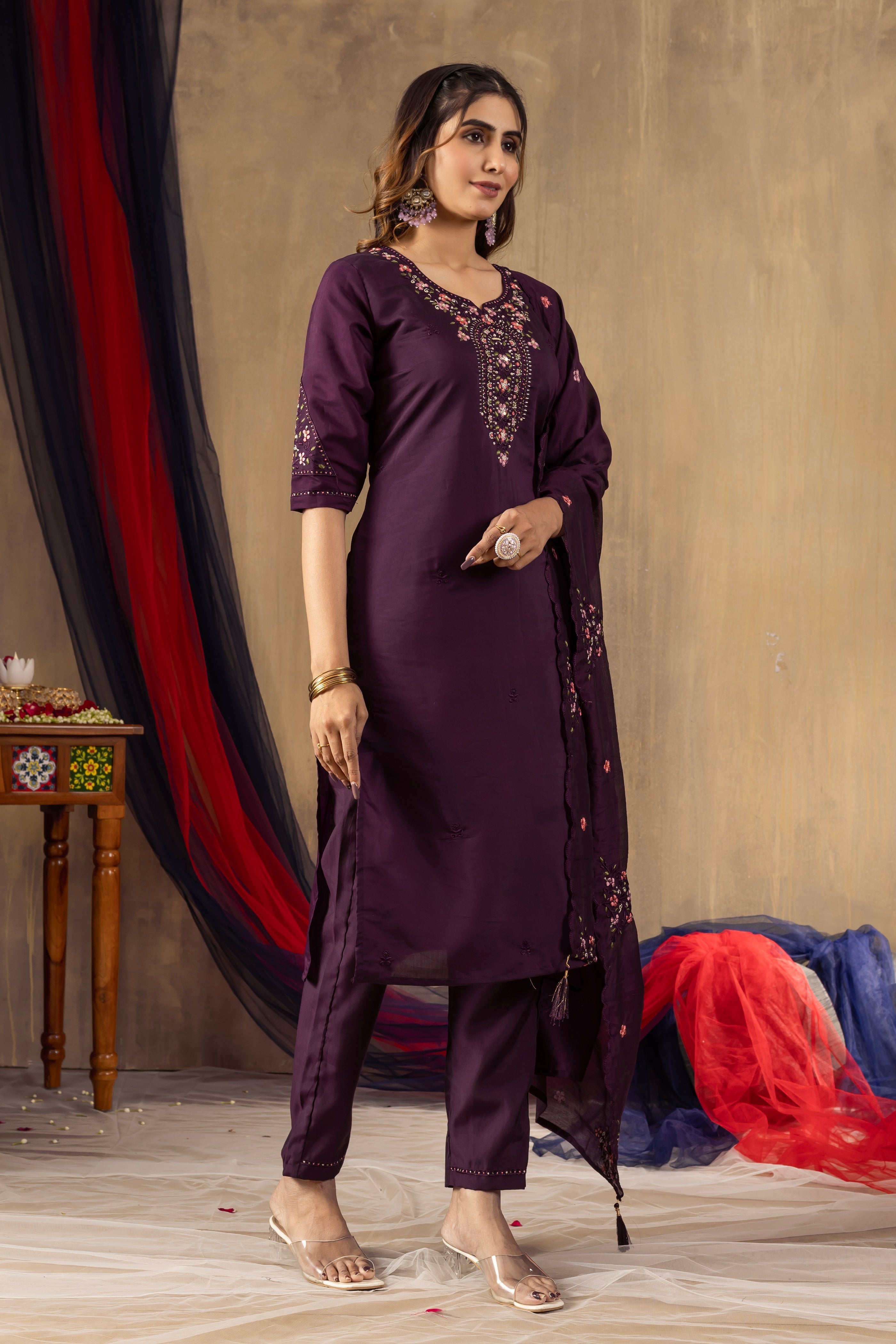 Vedant Vastram Roman Silk Embroidery & Sequence Work Stitched Kurta Pant Dupatta Set-Wine