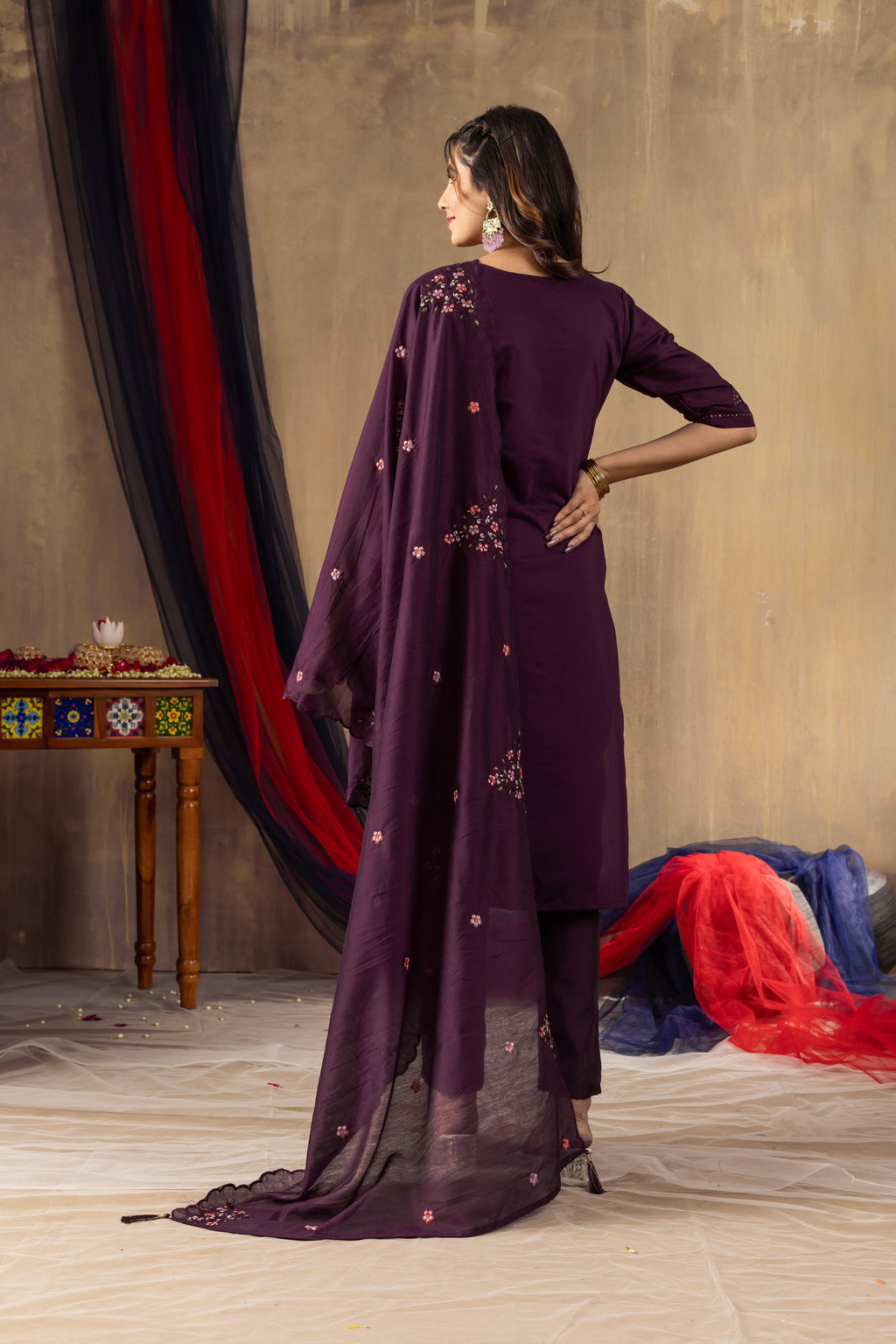 Vedant Vastram Roman Silk Embroidery & Sequence Work Stitched Kurta Pant Dupatta Set-Wine