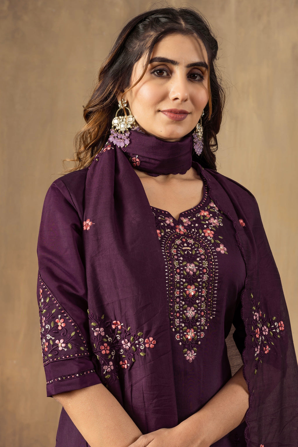 Vedant Vastram Roman Silk Embroidery & Sequence Work Stitched Kurta Pant Dupatta Set-Wine