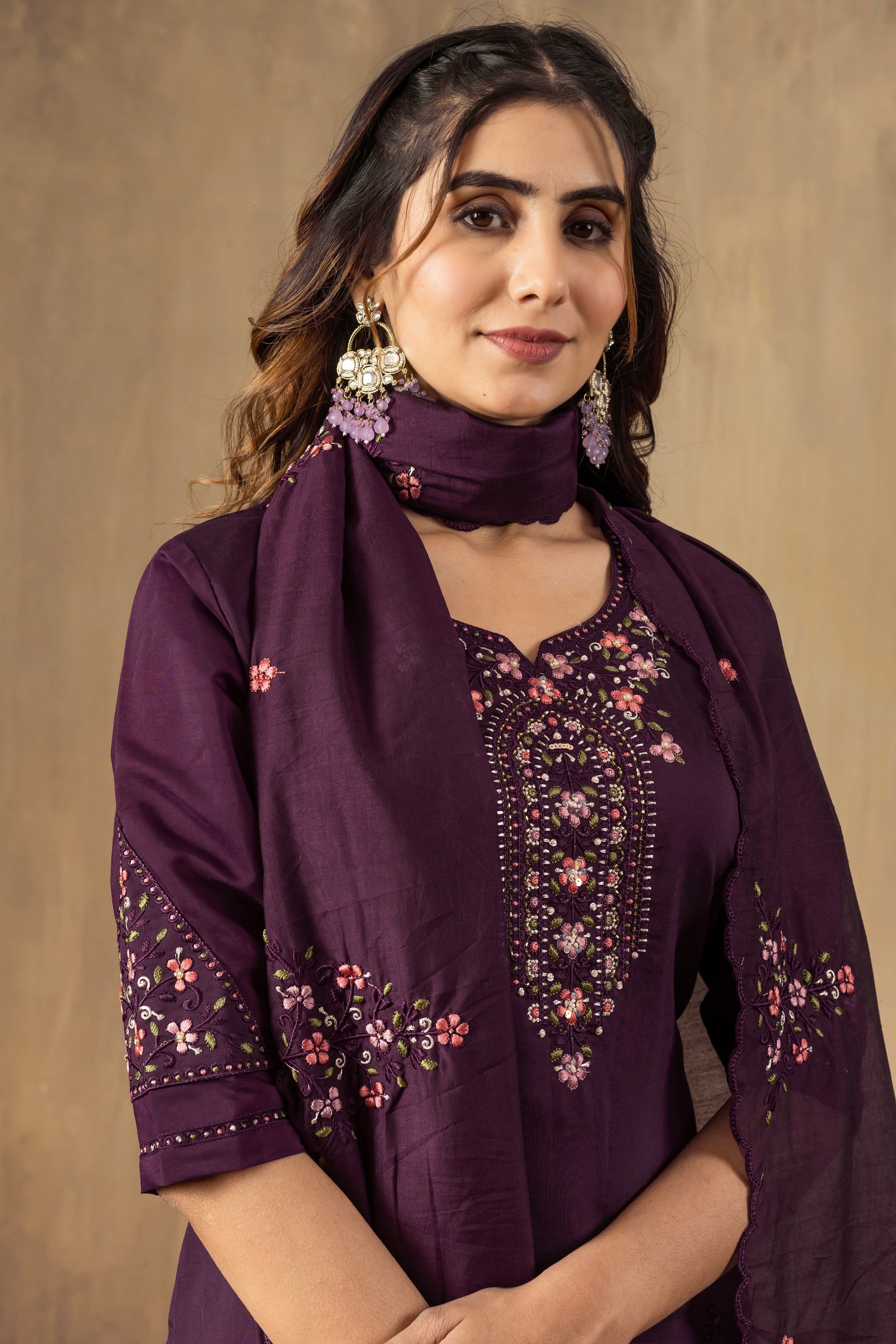 Vedant Vastram Roman Silk Embroidery & Sequence Work Stitched Kurta Pant Dupatta Set-Wine
