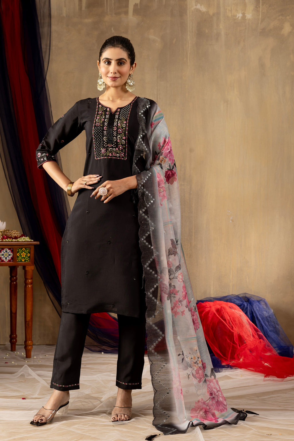 Vedant Vastram Roman Silk Embroidery & Sequence Work Stitched Kurta Pant Dupatta Set-Black