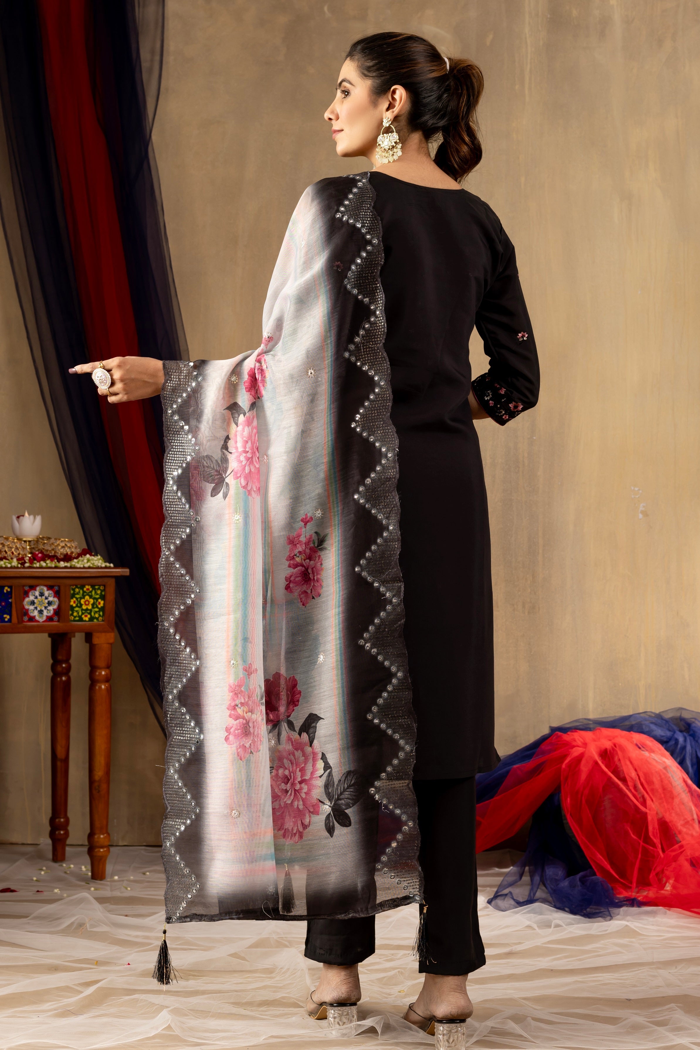 Vedant Vastram Roman Silk Embroidery & Sequence Work Stitched Kurta Pant Dupatta Set-Black