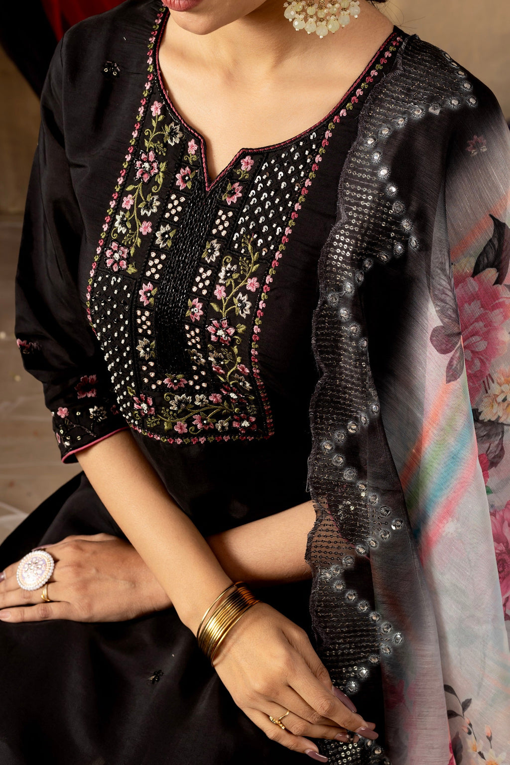 Vedant Vastram Roman Silk Embroidery & Sequence Work Stitched Kurta Pant Dupatta Set-Black