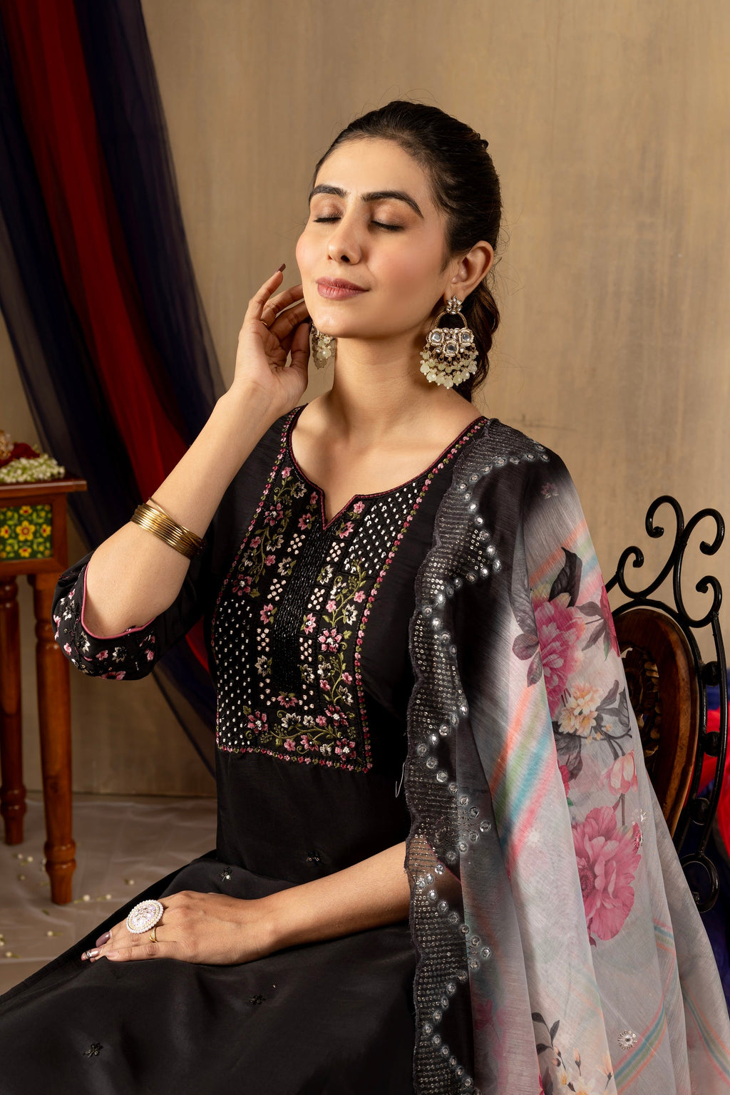 Vedant Vastram Roman Silk Embroidery & Sequence Work Stitched Kurta Pant Dupatta Set-Black
