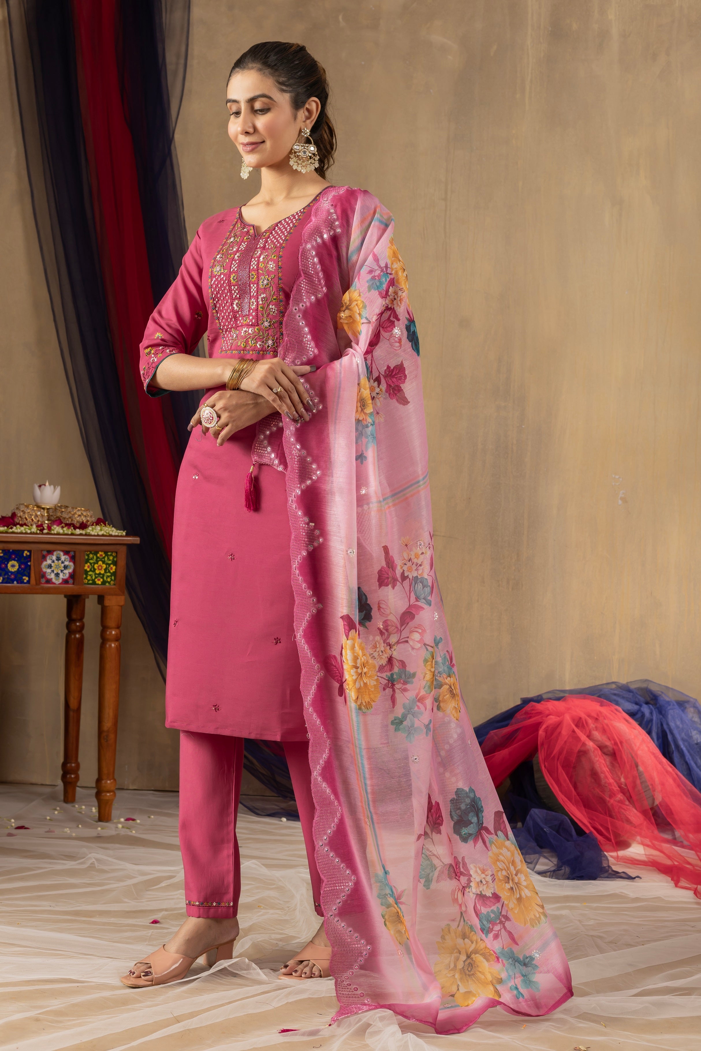 Vedant Vastram Roman Silk Embroidery & Sequence Work Stitched Kurta Pant Dupatta Set-Pink