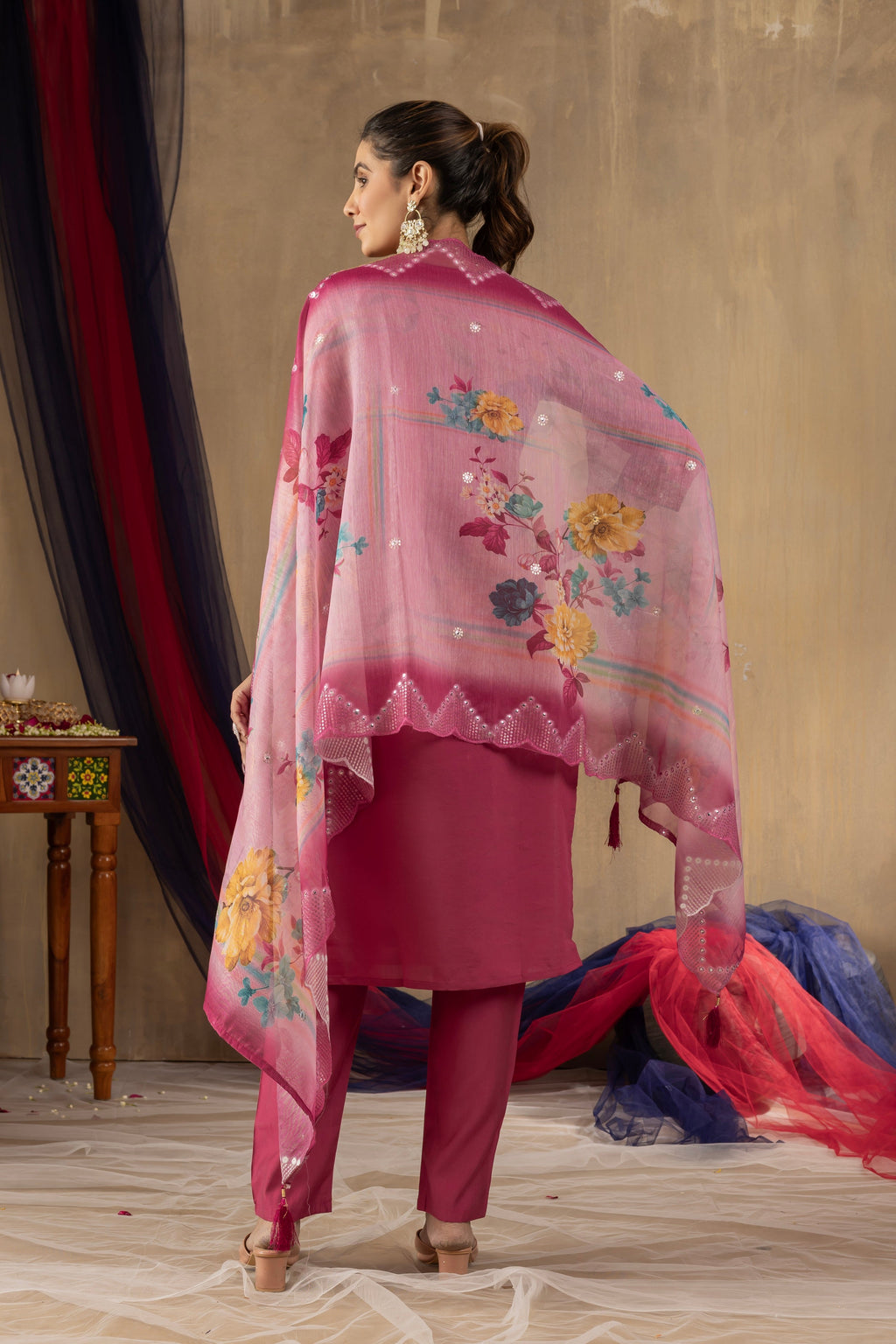 Vedant Vastram Roman Silk Embroidery & Sequence Work Stitched Kurta Pant Dupatta Set-Pink