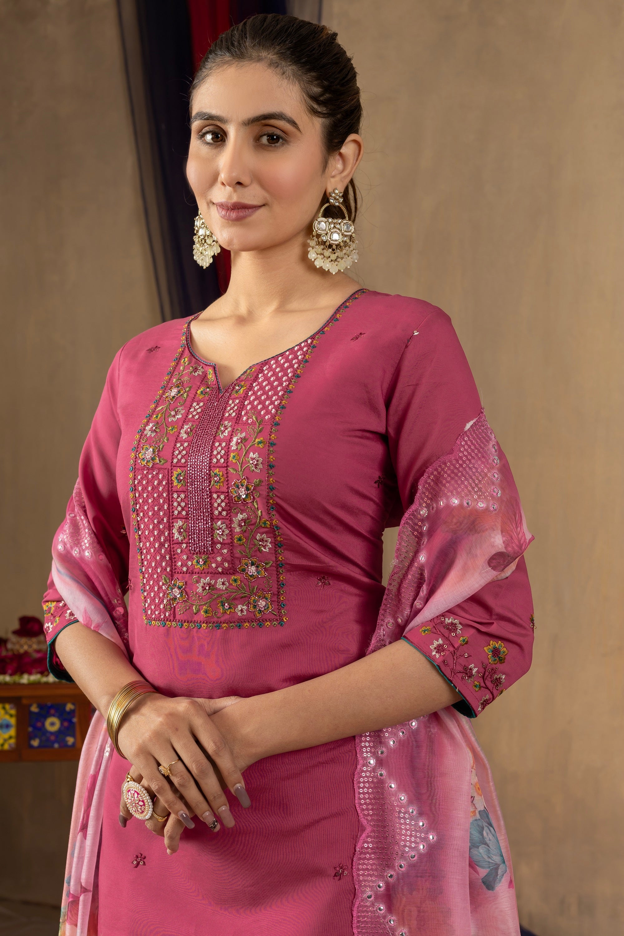 Vedant Vastram Roman Silk Embroidery & Sequence Work Stitched Kurta Pant Dupatta Set-Pink