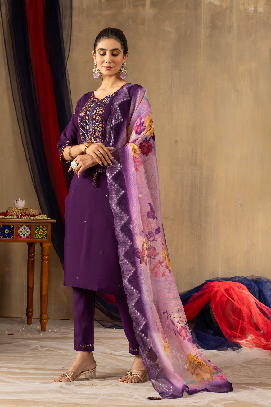 Vedant Vastram Roman Silk Embroidery & Sequence Work Stitched Kurta Pant Dupatta Set-Purple