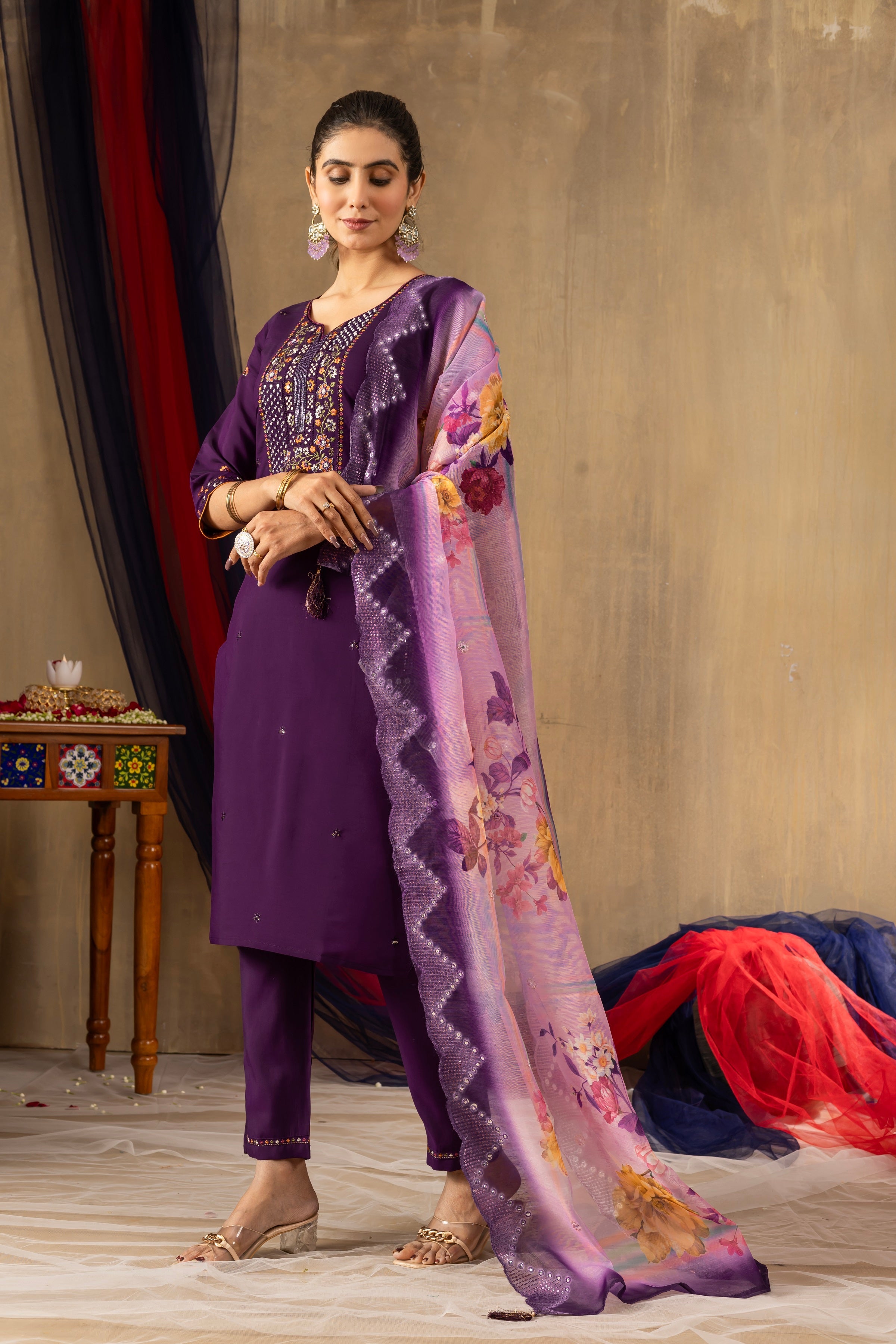 Vedant Vastram Roman Silk Embroidery & Sequence Work Stitched Kurta Pant Dupatta Set-Purple